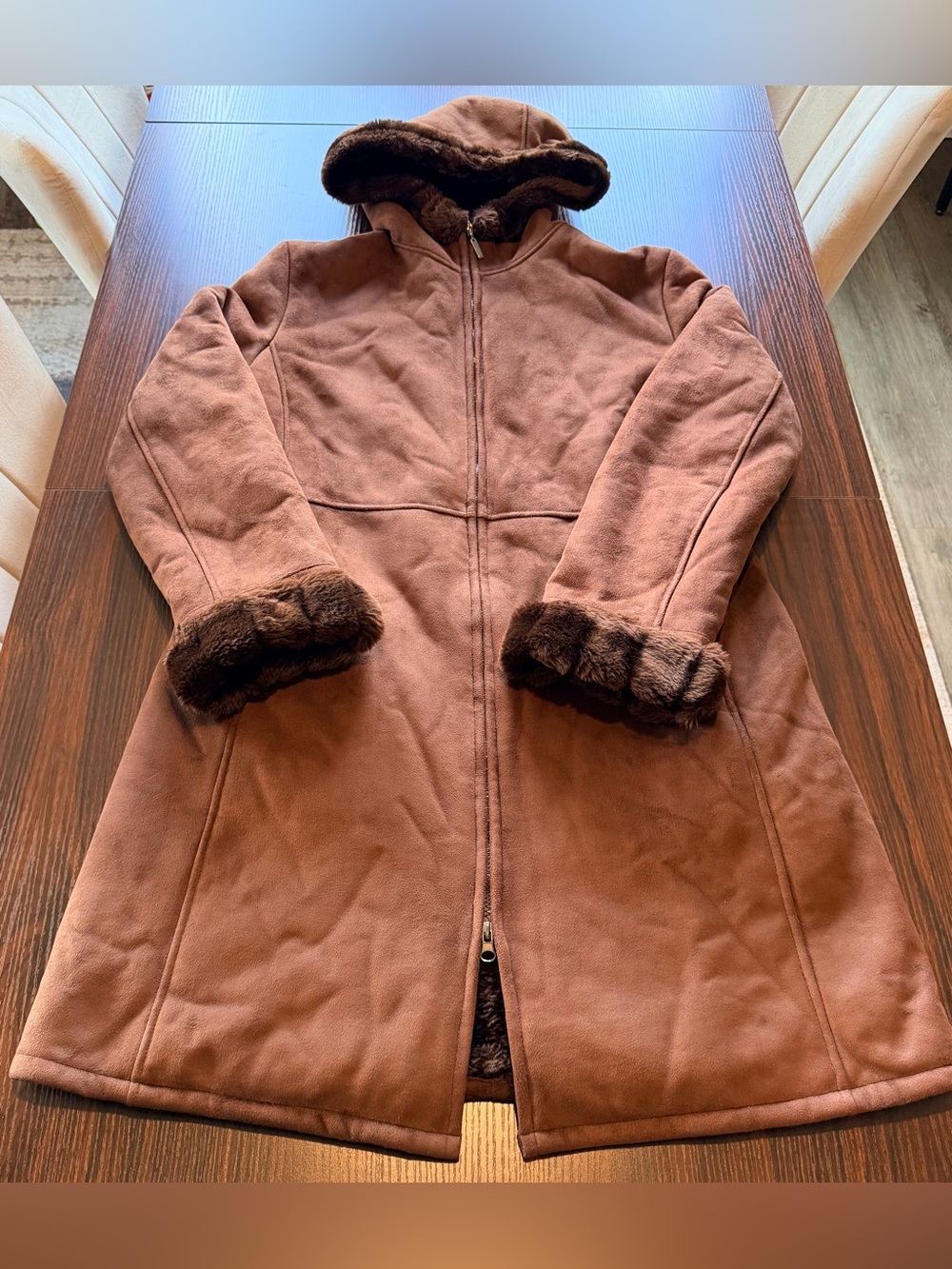 Gallery Brown Vintage Faux Suede Shearling Penny Lane Hooded Coat Jacket Size M